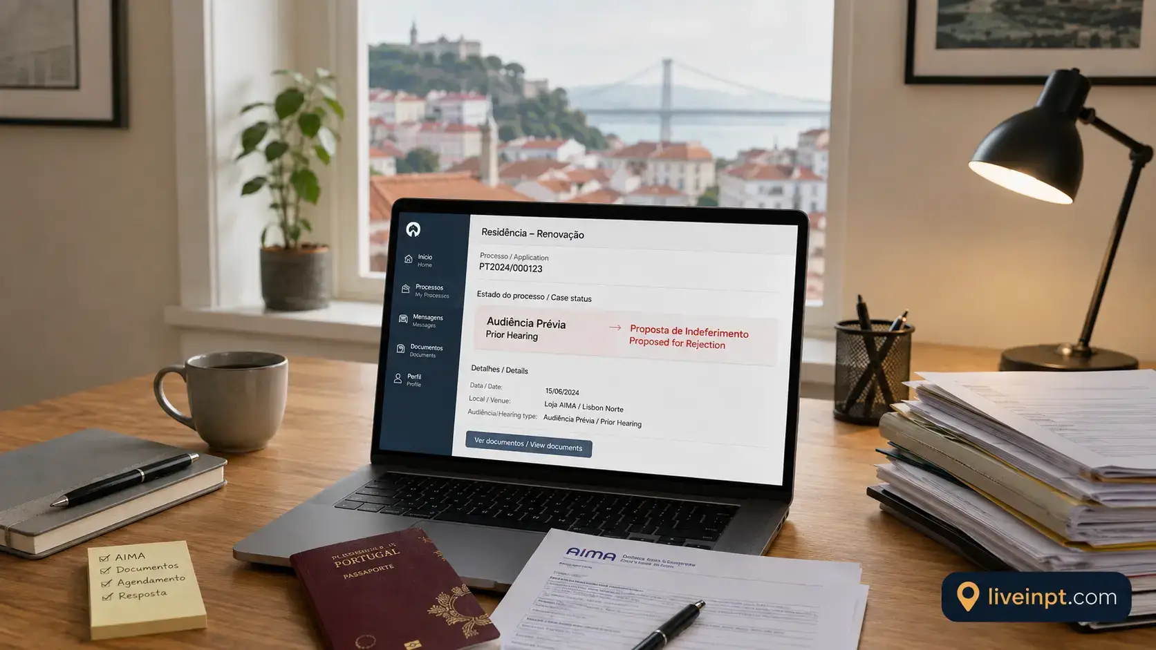 AIMA residence permit portal showing an Audiência Prévia proposed for rejection status in Portugal