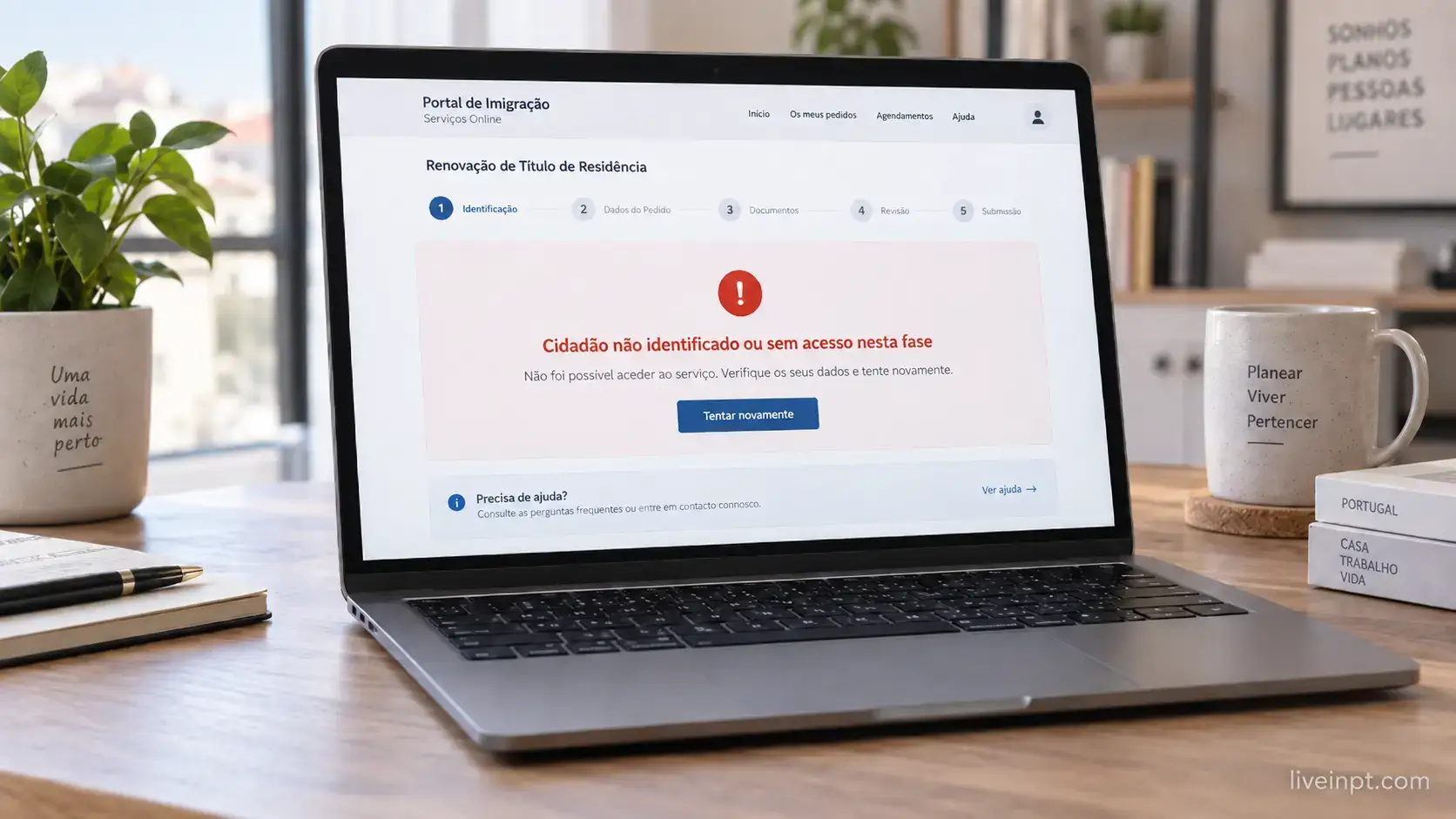 AIMA Portal de Renovações showing the Cidadão não identificado access error