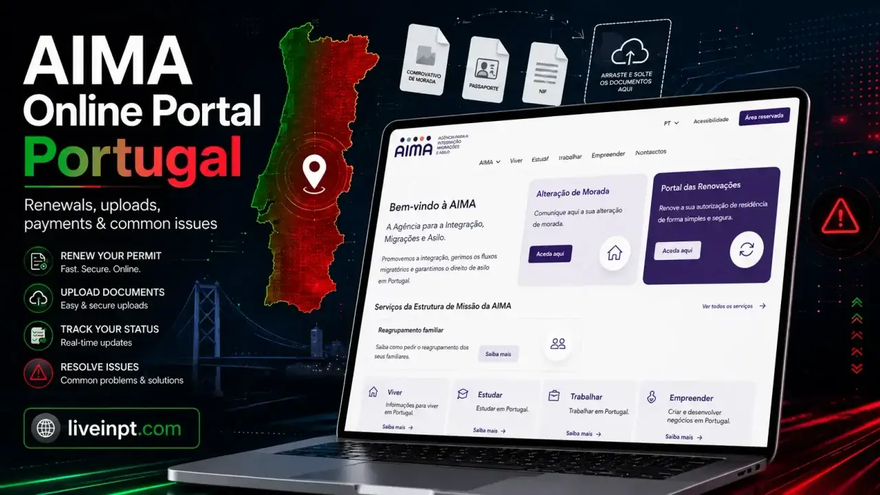 AIMA online portal Portugal on laptop showing renewals, uploads, payments, and status tracking