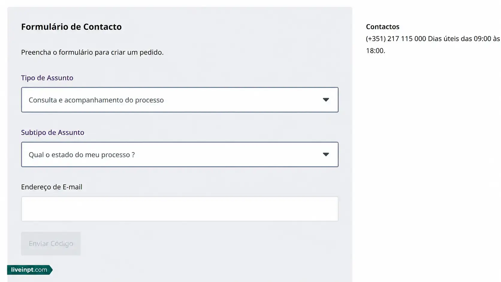 AIMA Contact Form showing the process tracking dropdowns for checking residence permit status and following CTT delivery