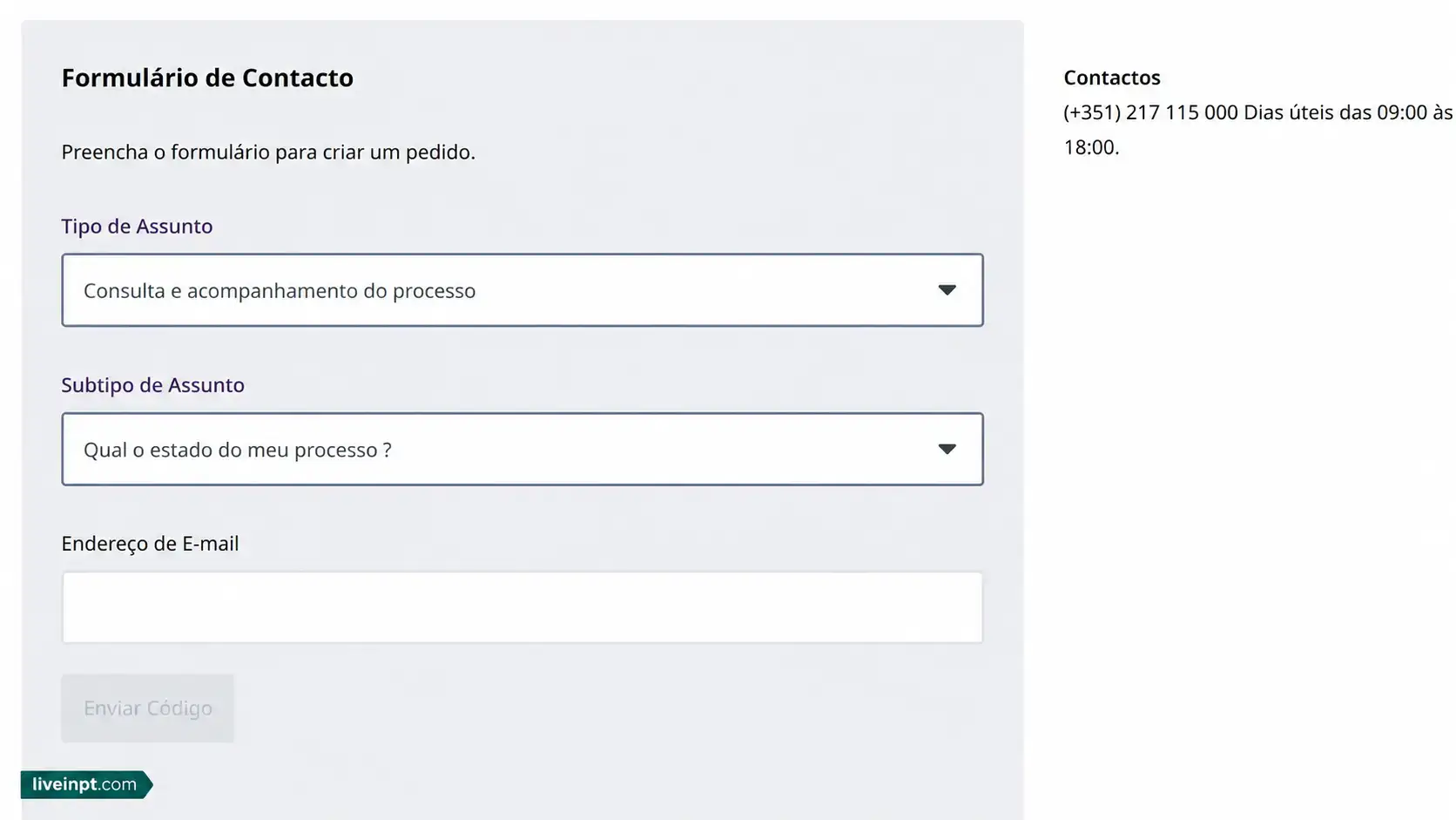 AIMA contact form showing the process tracking options used to check a Portugal residence permit application status