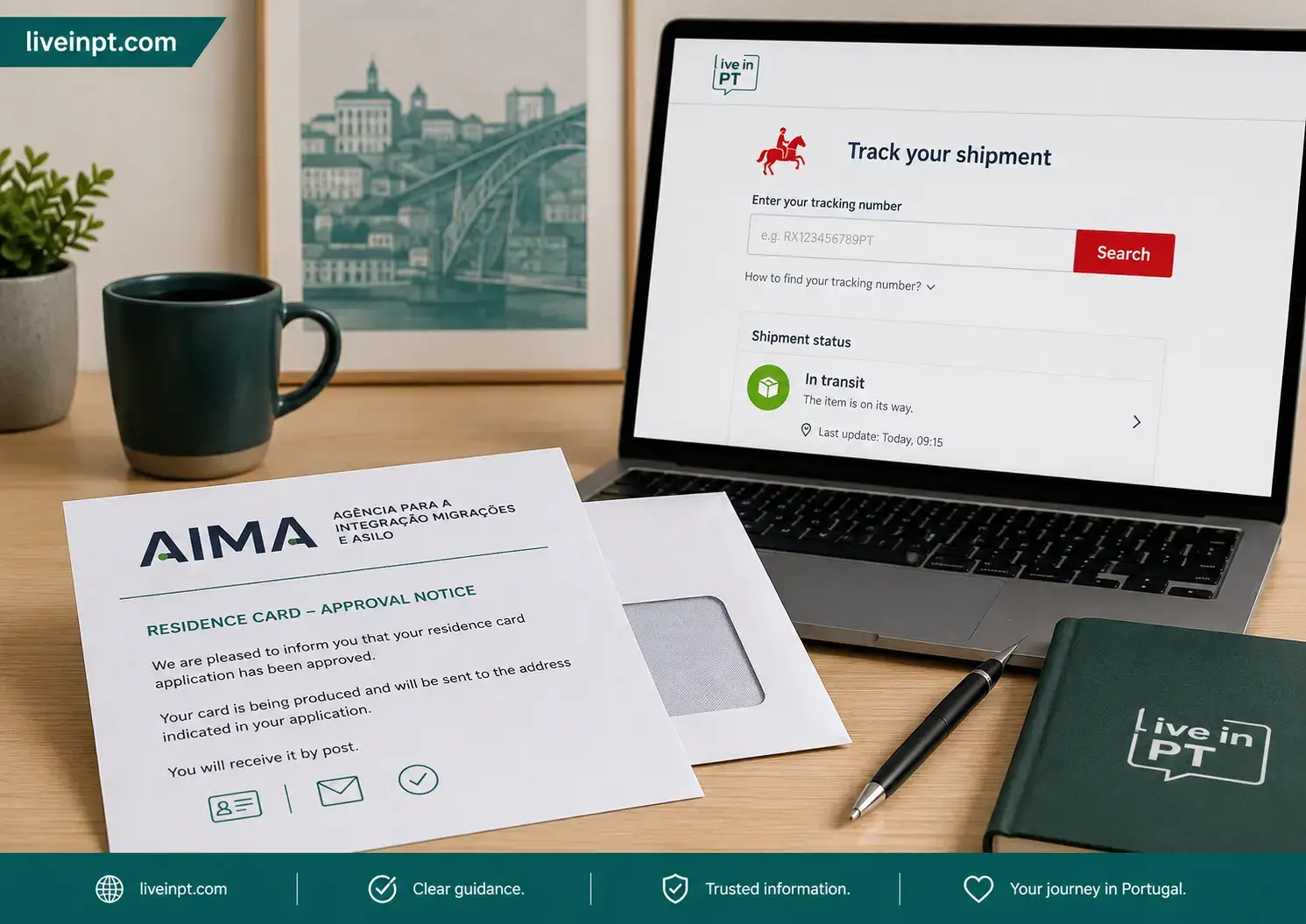 AIMA residence card approval notice beside a laptop showing CTT shipment tracking