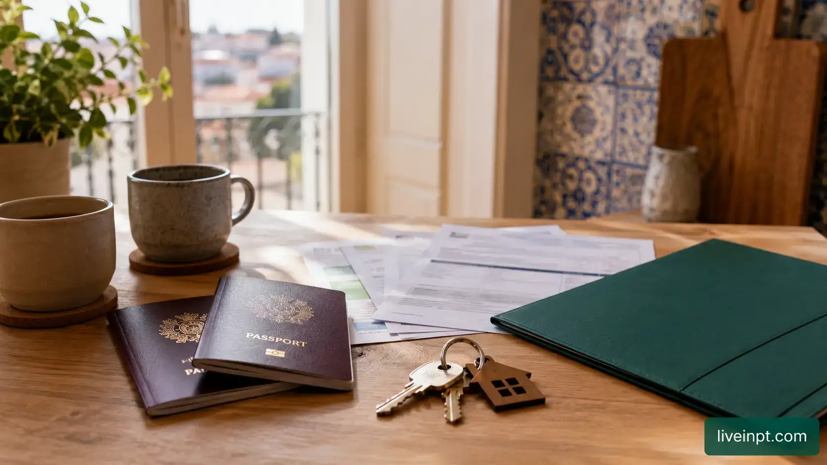 Unmarried partner family reunification documents in Portugal with cohabitation proof and passports, no faces shown