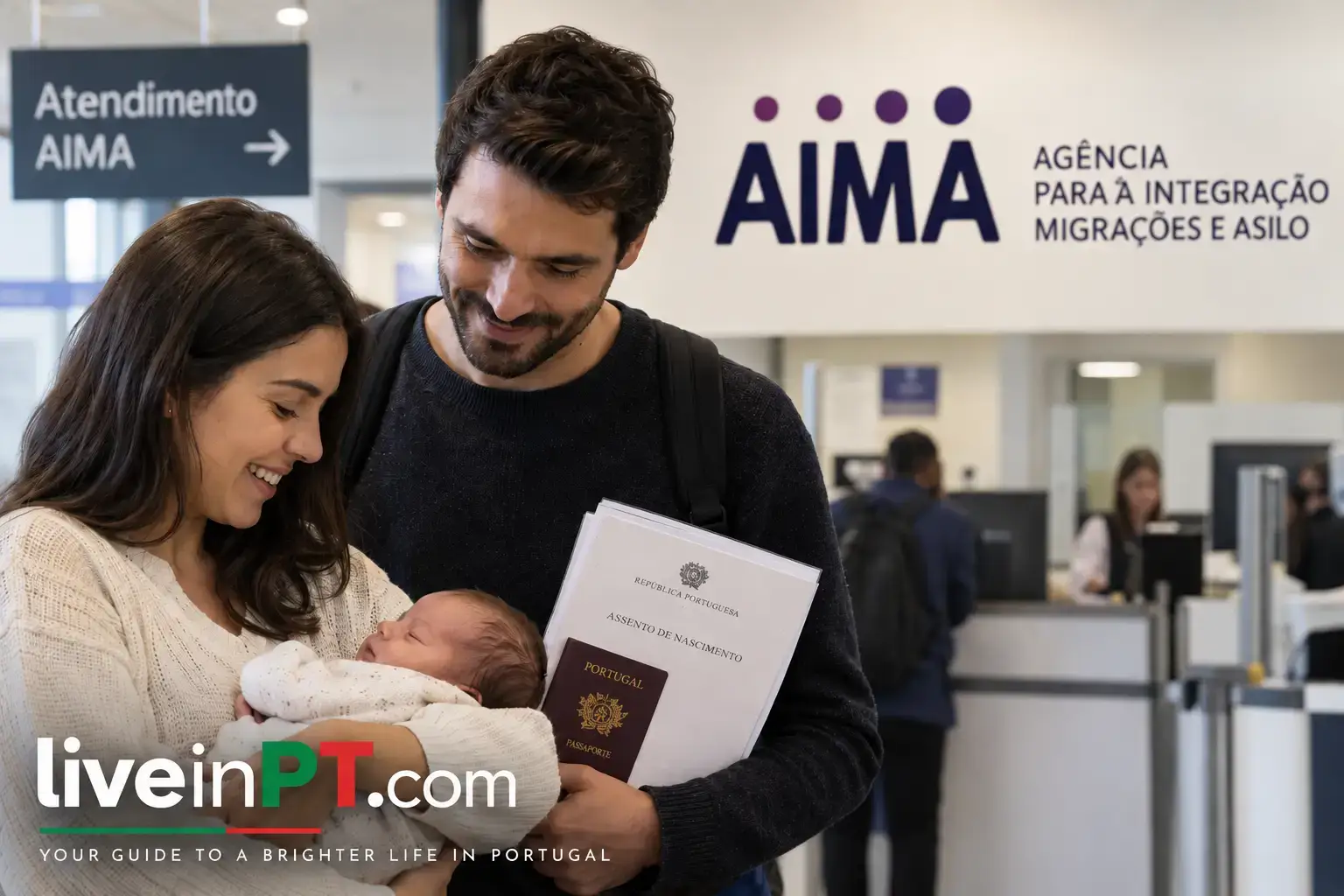 Parents preparing an AIMA Article 124 residence permit application for a baby born in Portugal