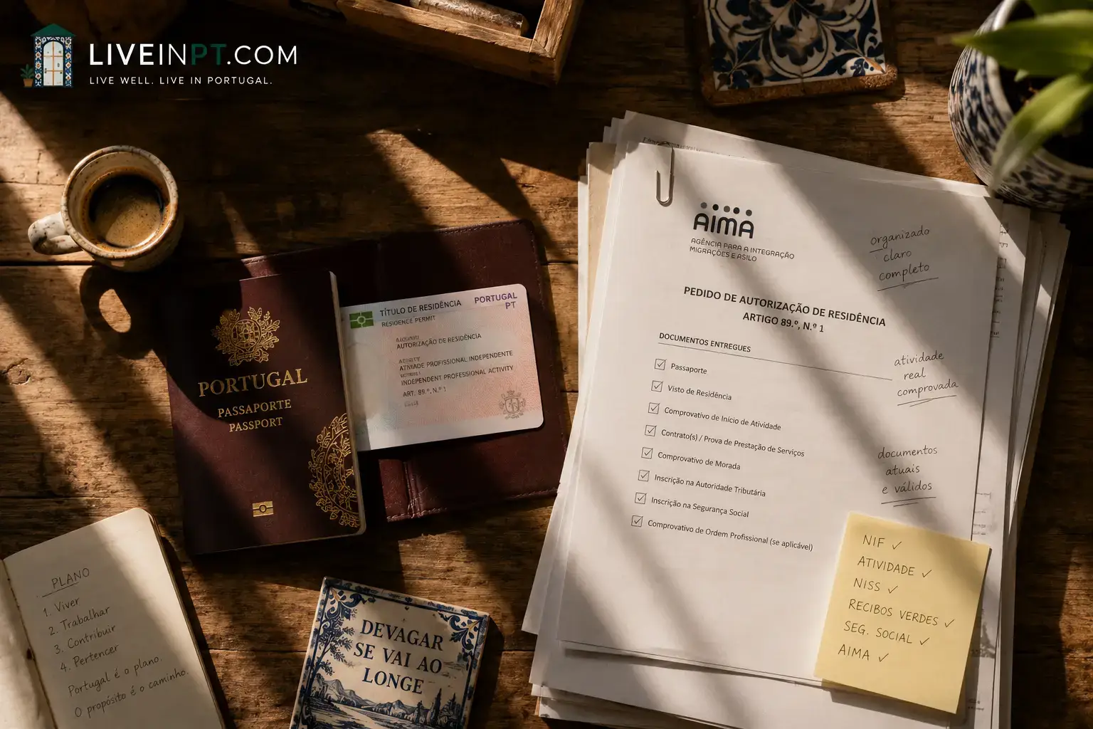 A self-employed worker reviewing Portuguese residence documents and invoices at a sunlit desk in Portugal