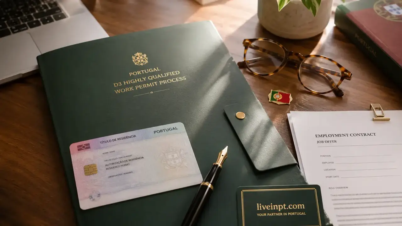 Documents, passport, and work paperwork prepared for Portugal Article 90 and the D3 highly qualified activity residence route