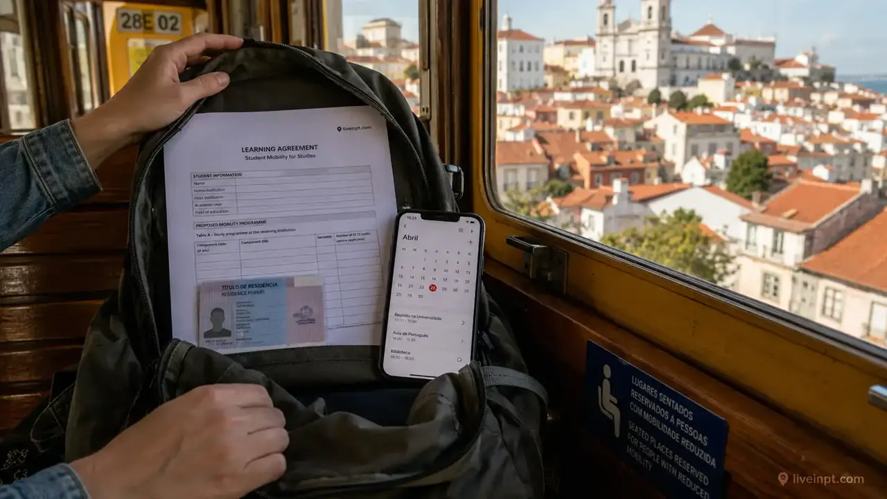 University exchange documents and EU residence permit cards representing student mobility to Portugal under Article 91-A