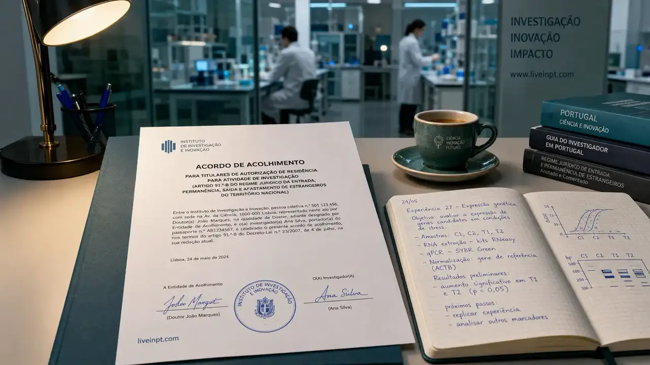 Research documents and a hosting agreement on a desk representing the Article 91-B researcher residence permit process in Portugal