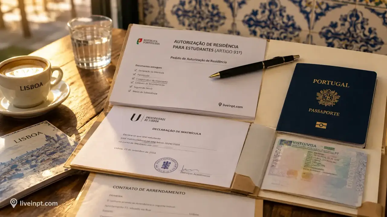University enrollment certificate and passport on a desk representing the Article 91 student residence permit process in Portugal
