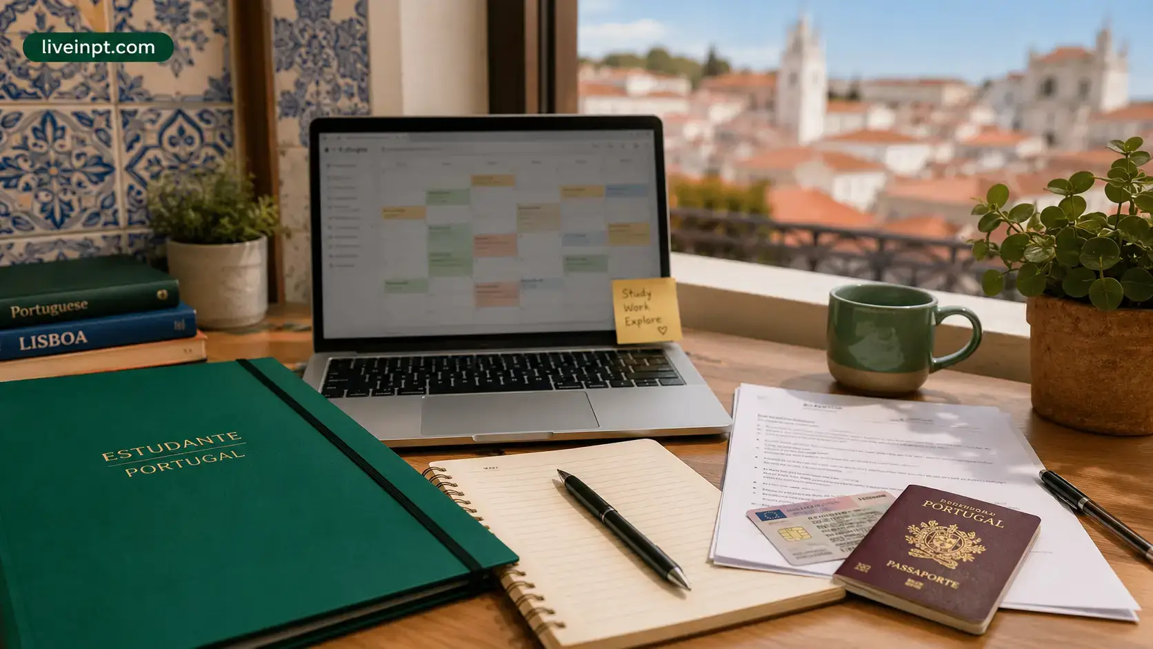 Student work documents, laptop, timetable, and Portuguese residence card on a desk, no face shown