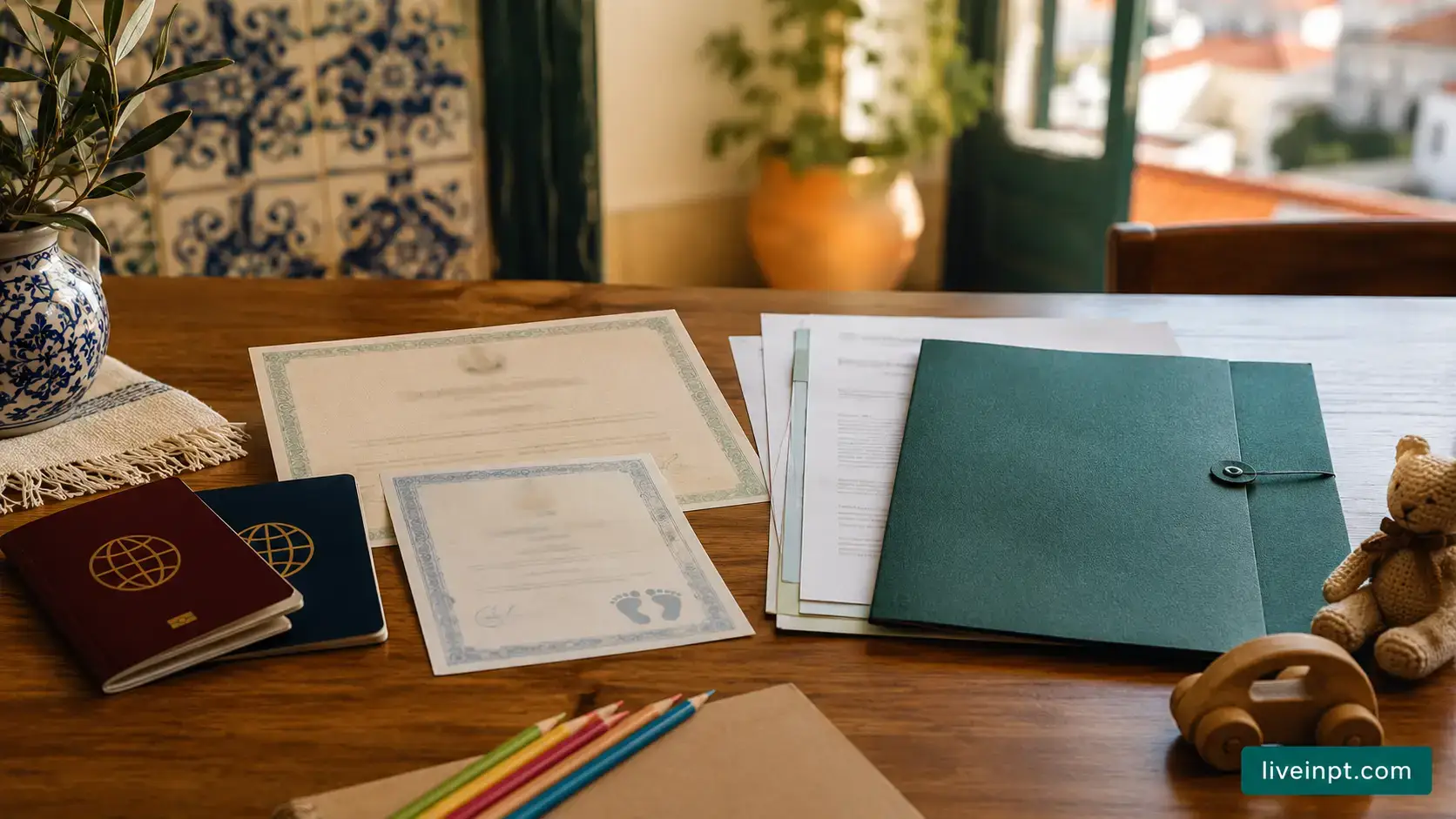Family reunification documents for spouse and minor child in Portugal with passports and certificates, no faces shown