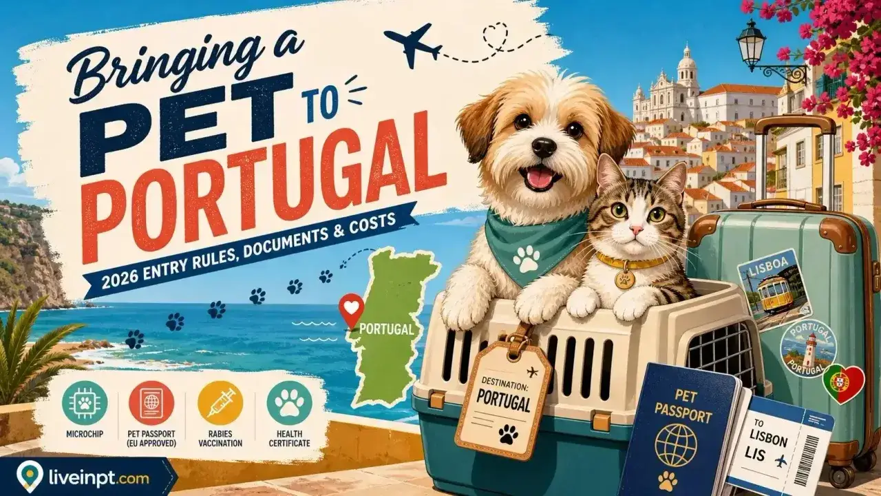 Dog and cat in a travel carrier with pet passport and Portugal travel documents