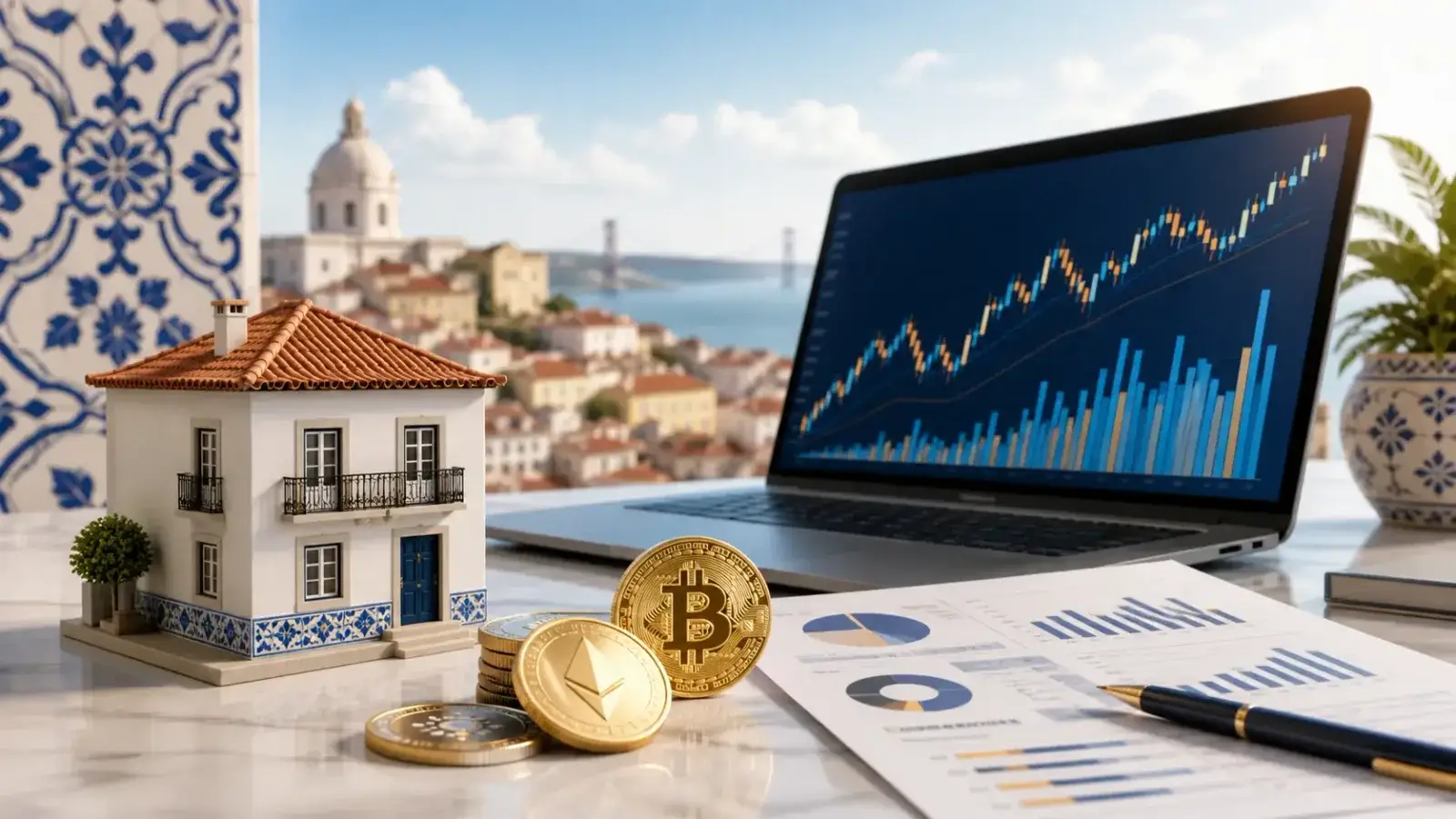 Capital gains tax in Portugal with property, crypto and stock charts on a desk in Lisbon