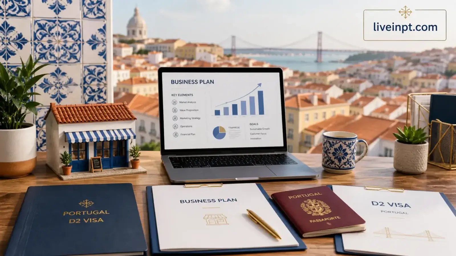 Portugal D2 visa business plan and application documents on a desk in Lisbon