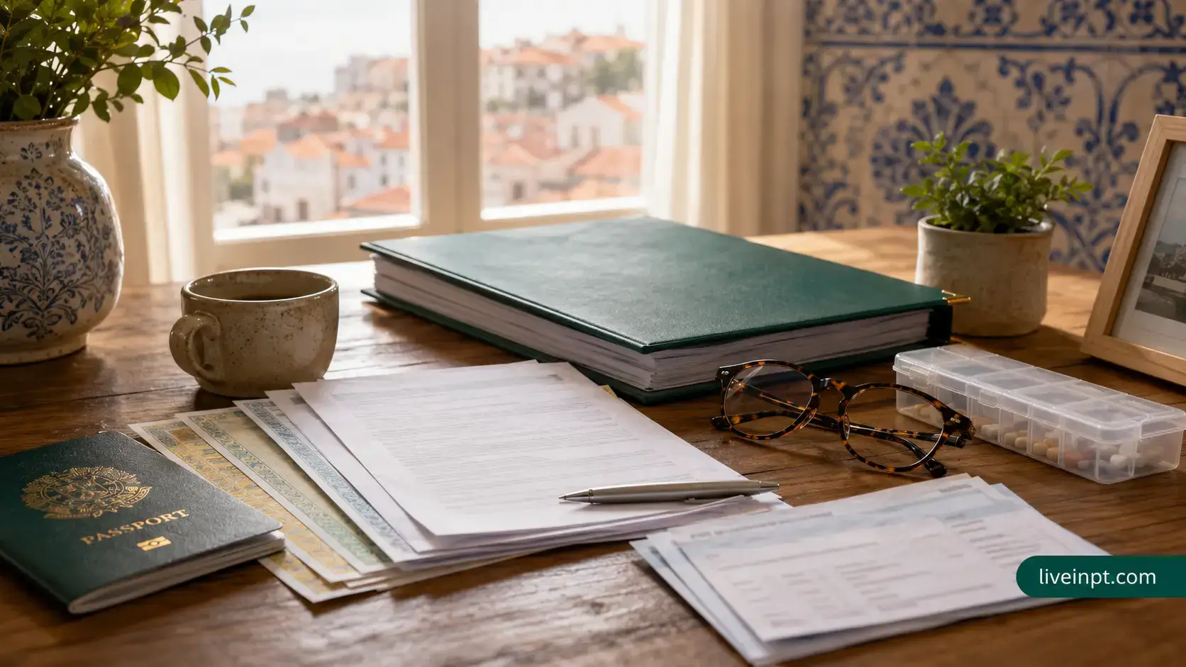 Dependent parent family reunification documents in Portugal with bank transfers and birth certificates, no faces shown