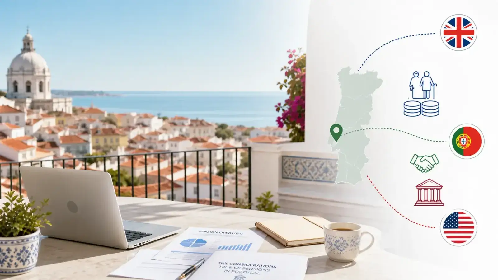 UK and US pension tax treaty documents on a desk in Portugal with treaty icons and Lisbon view