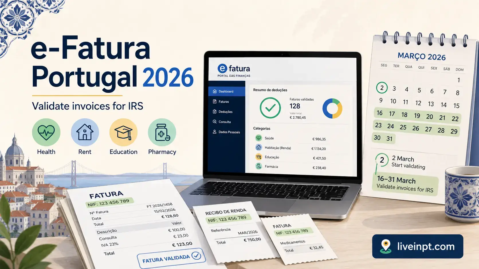 Portal das Finanças e-Fatura screen showing invoice categories for IRS deductions in Portugal