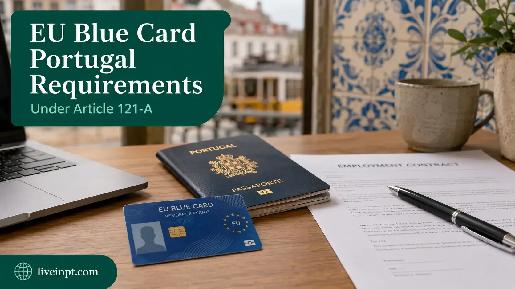 A blue-toned illustration of a residence card and a briefcase, representing Portugal's EU Blue Card for highly qualified workers