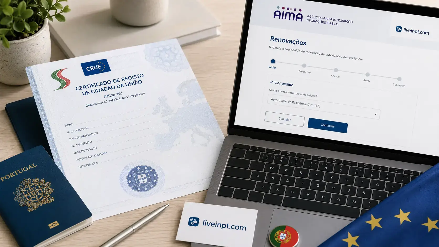Portugal permanent residence for EU citizens Article 16 certificate beside a CRUE and AIMA portal