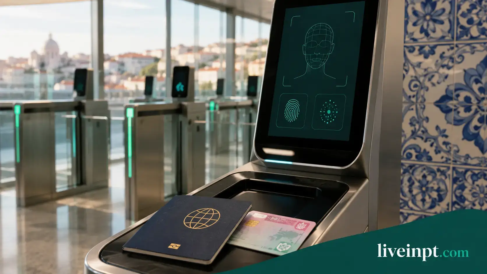 Close-up of a biometric border-control kiosk screen and lane-divider post at an airport passport control area
