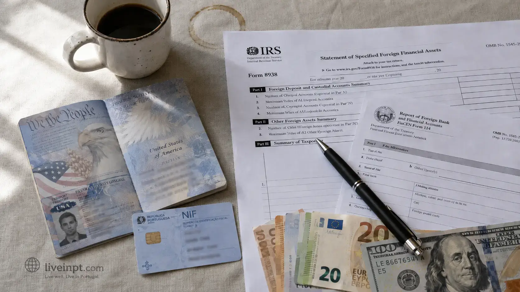 US passport, Portuguese NIF card, euro and dollar notes next to IRS FATCA and FBAR filing forms