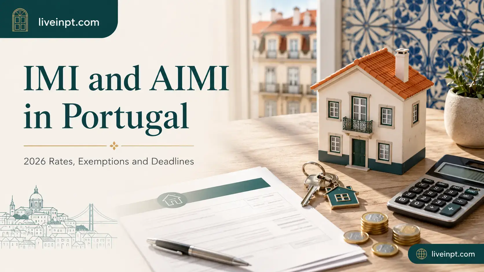A Portuguese caderneta predial document next to a calculator, representing IMI and AIMI property tax calculations