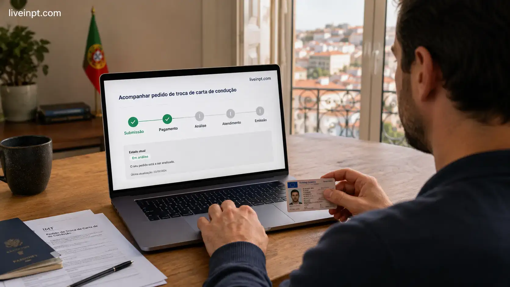 IMT driving licence exchange status tracker showing Submissão Pagamento Análise Atendimento and Emissão de Carta