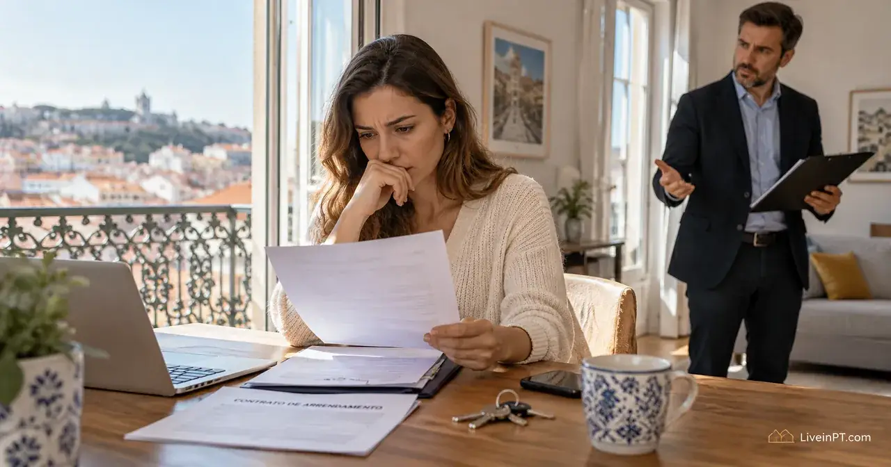 Tenant reviewing deposit paperwork with a landlord in a sunlit Lisbon apartment