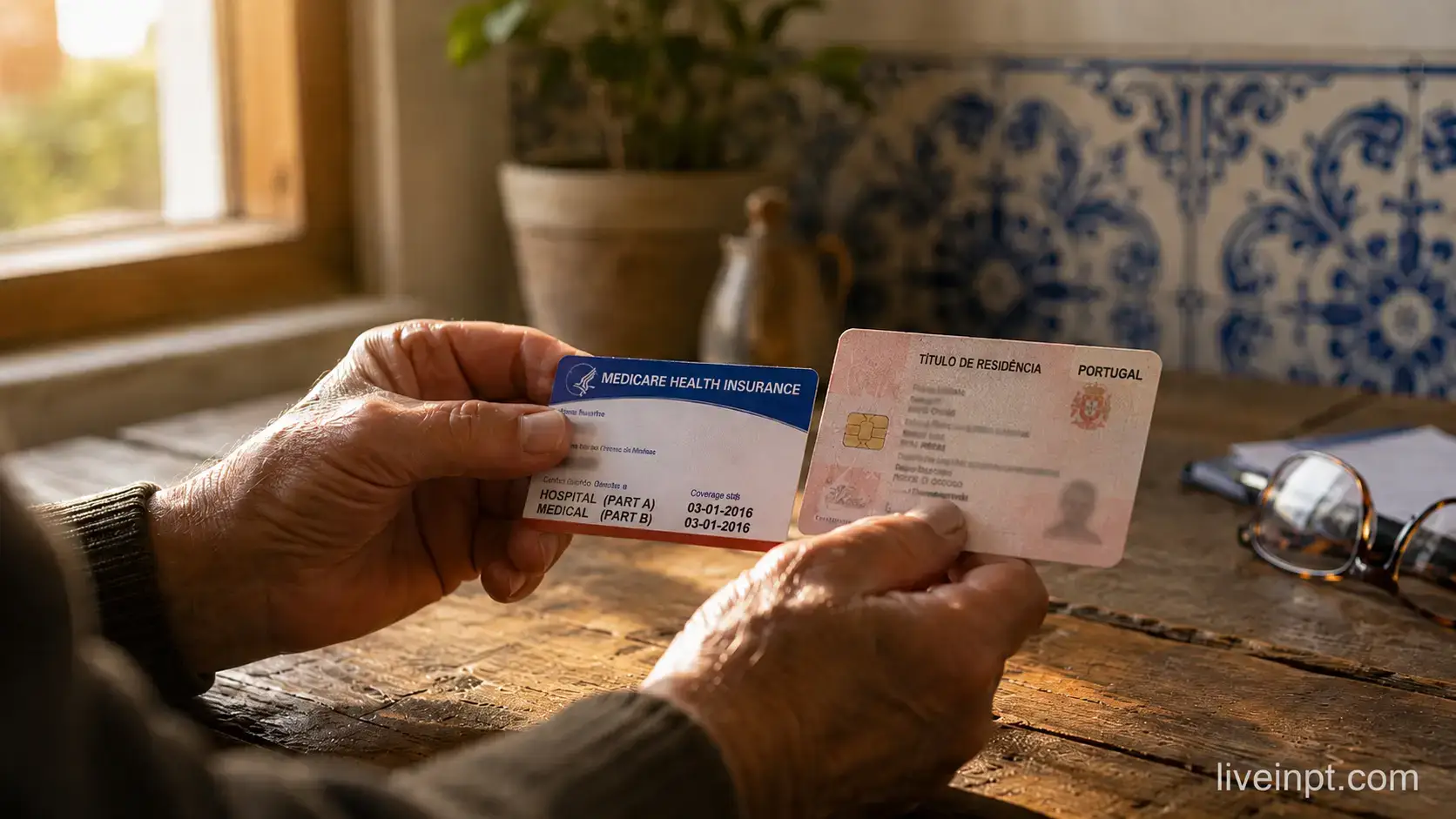 Hands holding a US Medicare card and Portuguese residence card