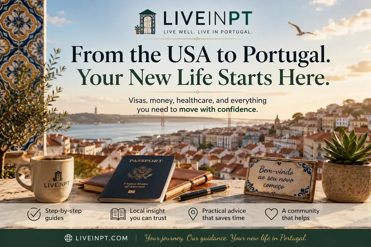 Sunset balcony view over Lisbon with a US passport, notebook, and welcoming Portugal sign for Americans moving from the US
