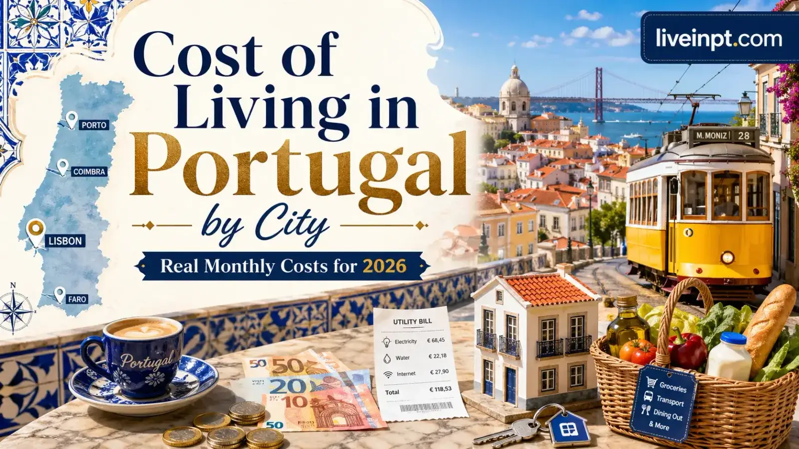 Cost of living in Portugal by city with Lisbon tram, rent, utility bill, and grocery basket