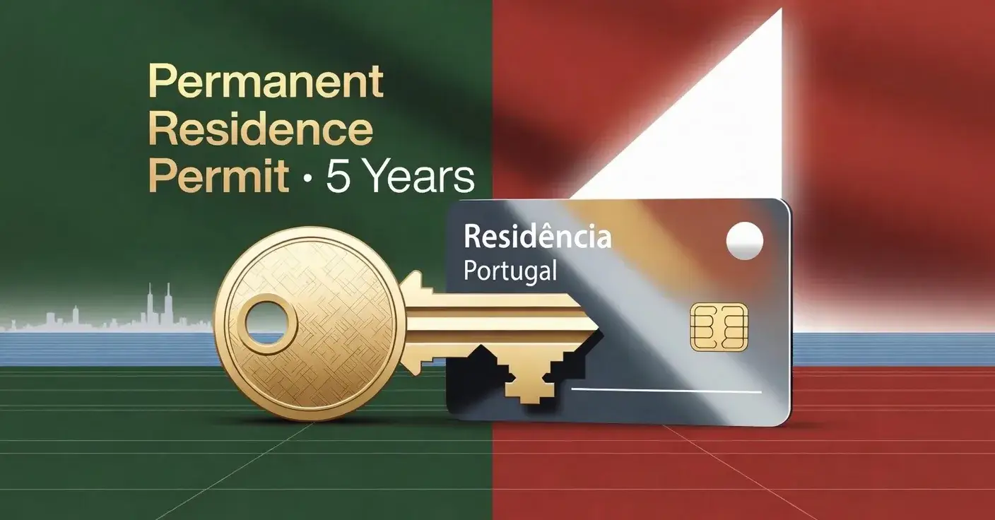 Portugal permanent residence card and key representing five-year residence status in Portugal