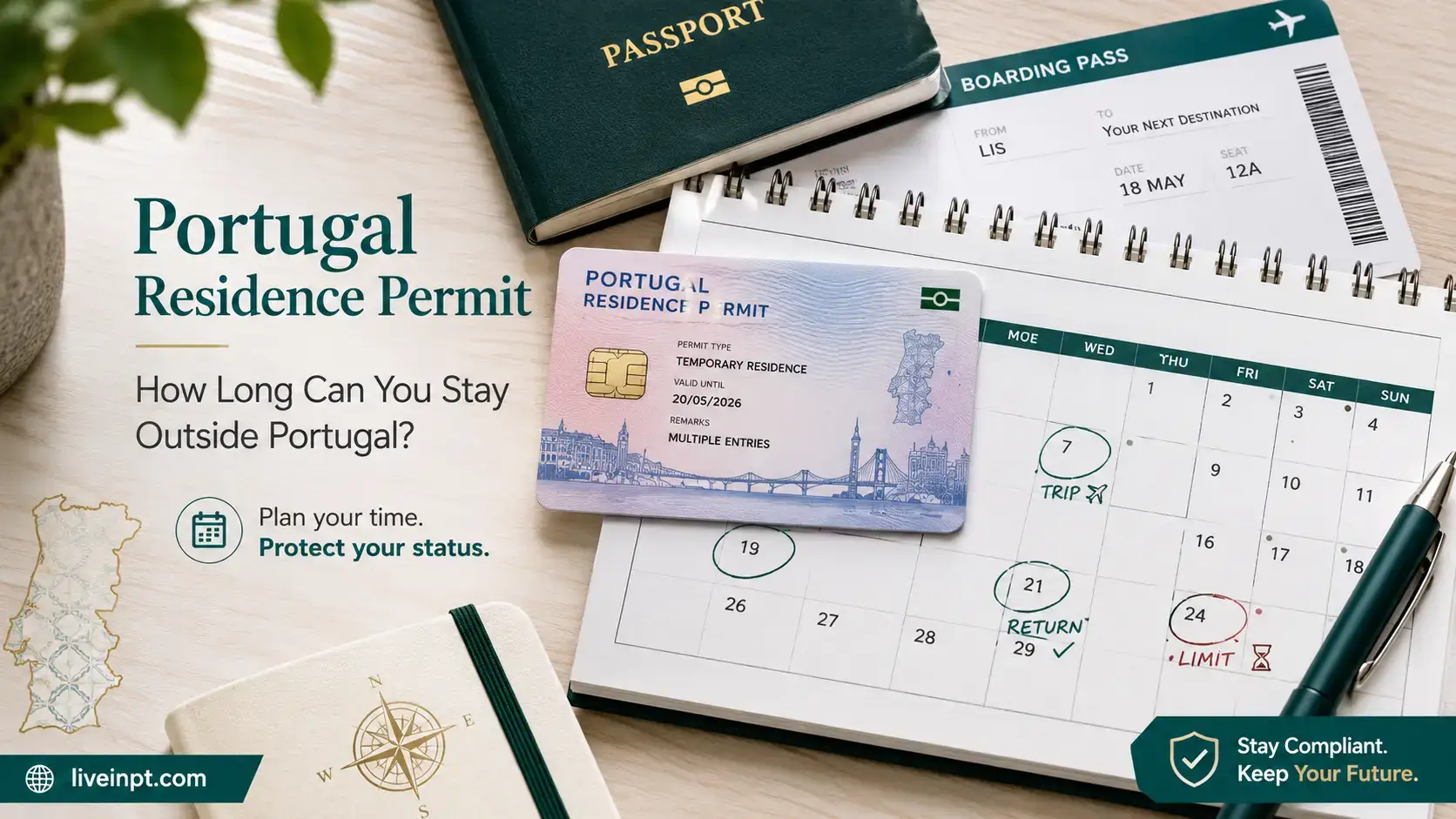 A Portuguese residence card resting on a calendar with travel days marked, representing absence limits for residence permits in Portugal