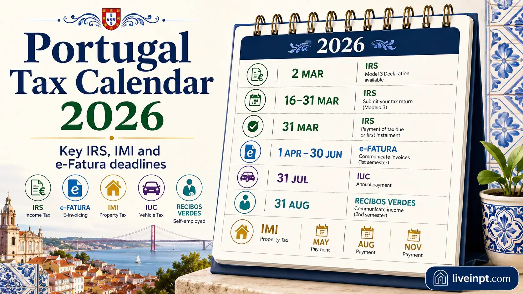 Portuguese tax calendar 2026 showing IRS and IMI deadlines on a desk planner