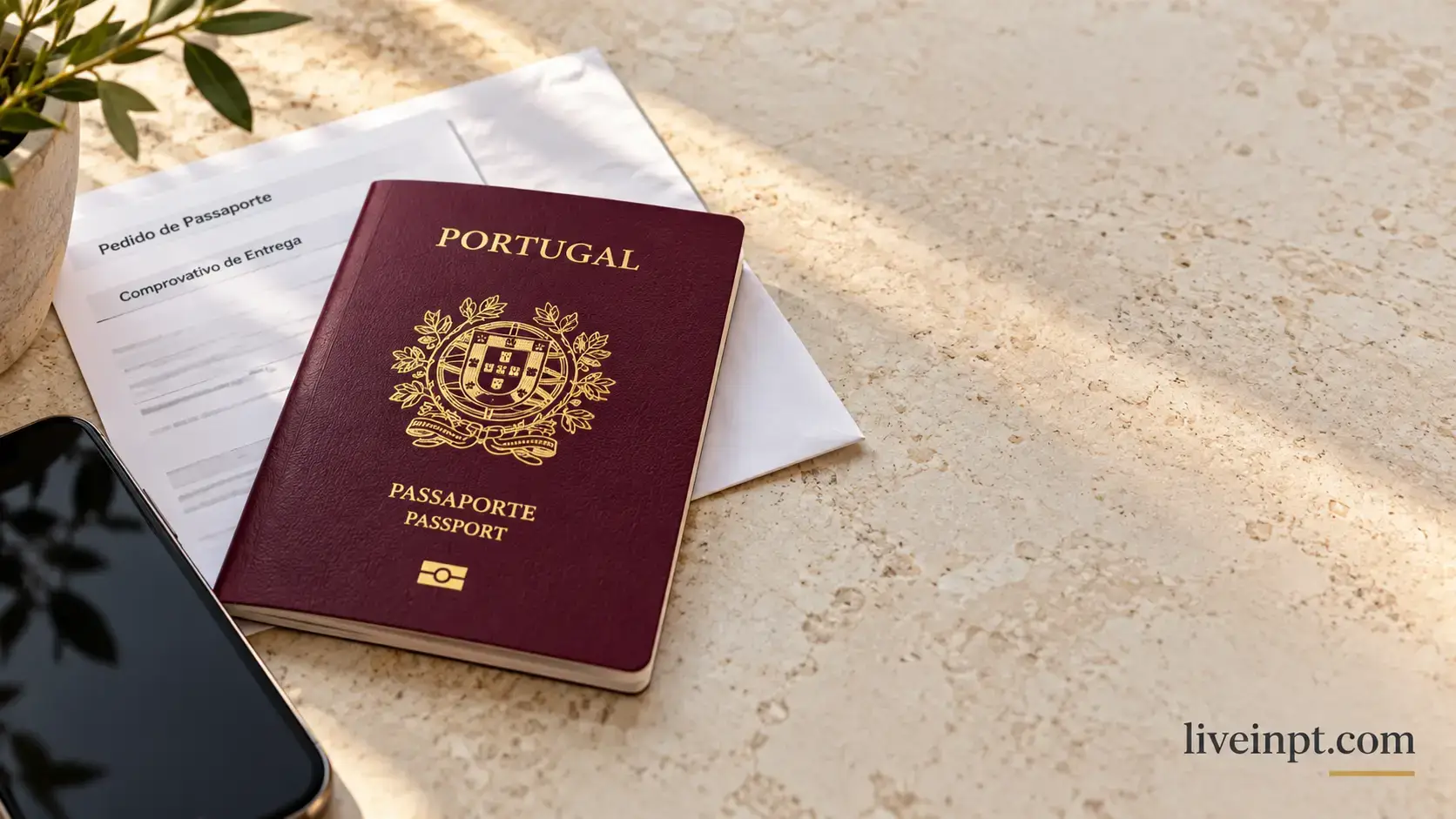 Portuguese passport and passport collection receipt on a table
