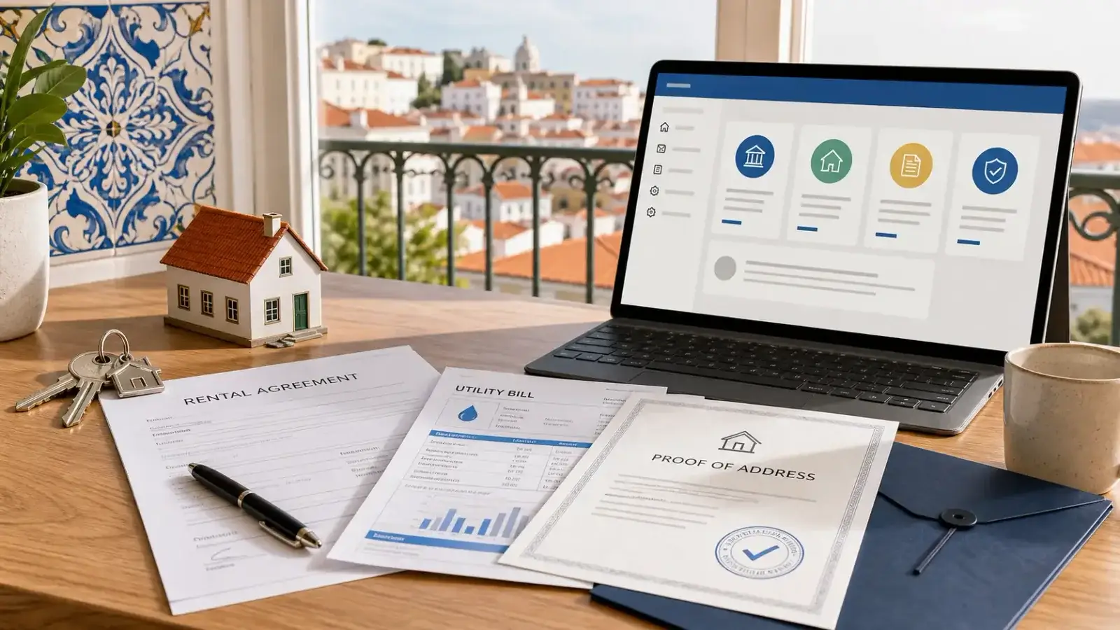 Proof of address documents in Portugal including a rental agreement, utility bill, and address certificate on a desk