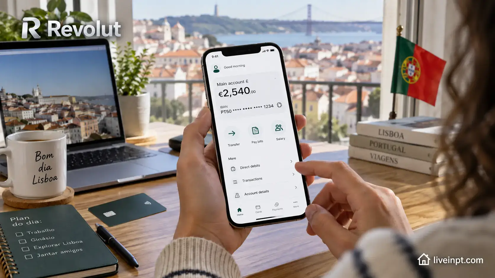 Revolut app showing a Portuguese IBAN on a phone in Lisbon
