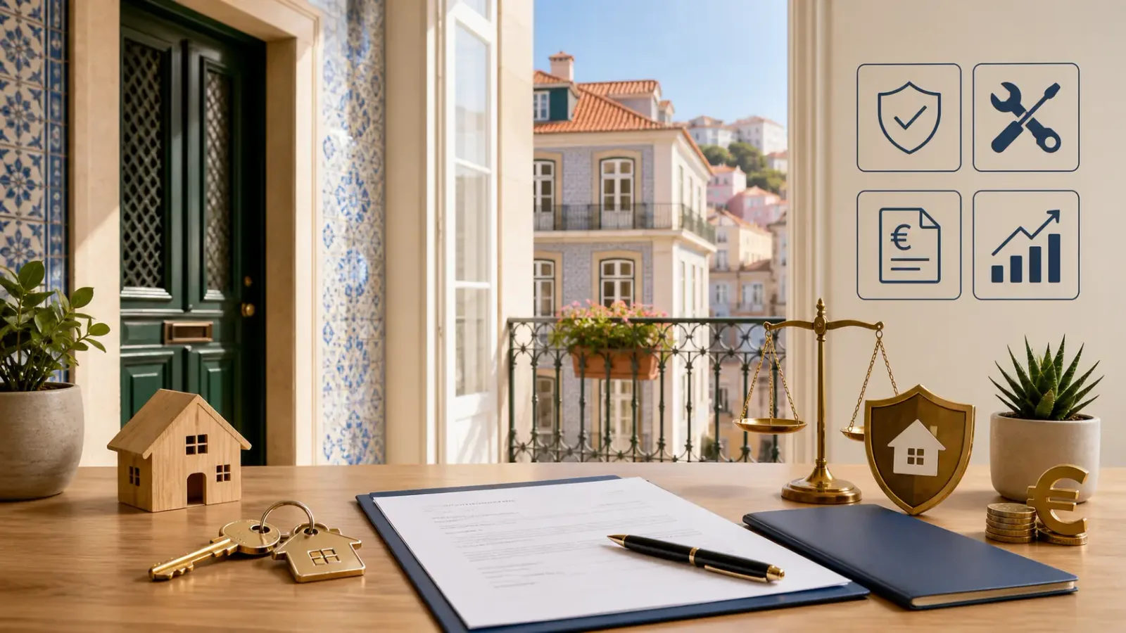 Tenant rights in Portugal rental contract with keys, Lisbon apartment, and legal protection icons