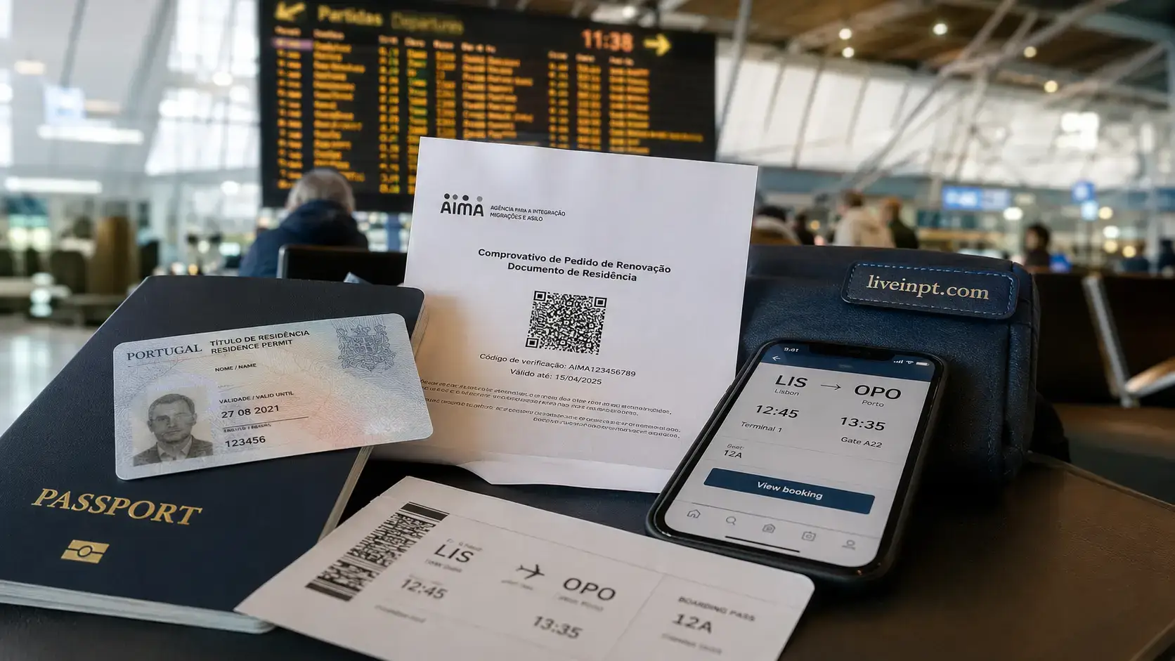 Expired Portuguese residence card beside a passport, AIMA renewal proof and an airline boarding pass