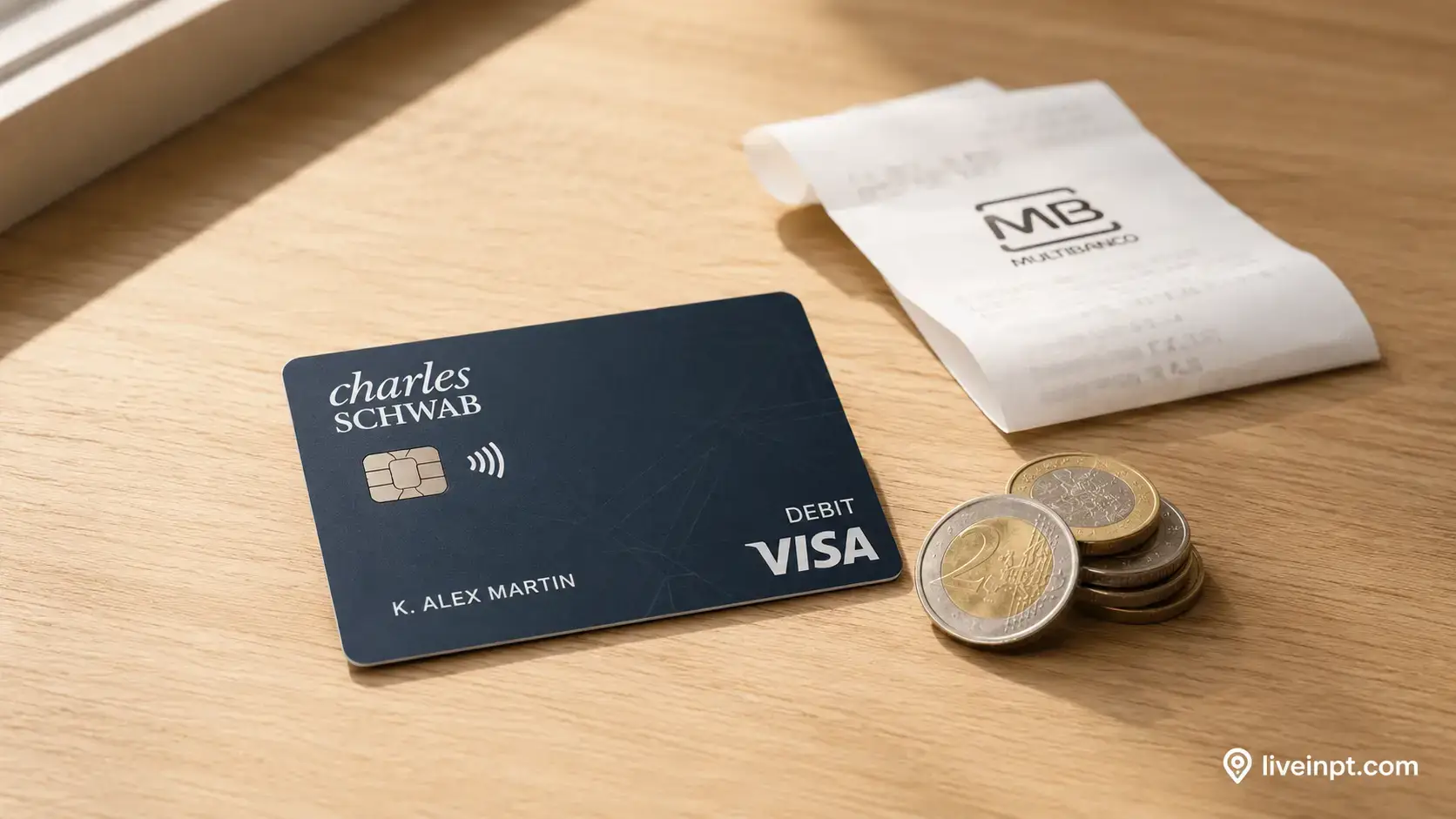 Charles Schwab debit card beside a Portuguese euro coin and a laptop showing online banking dashboard