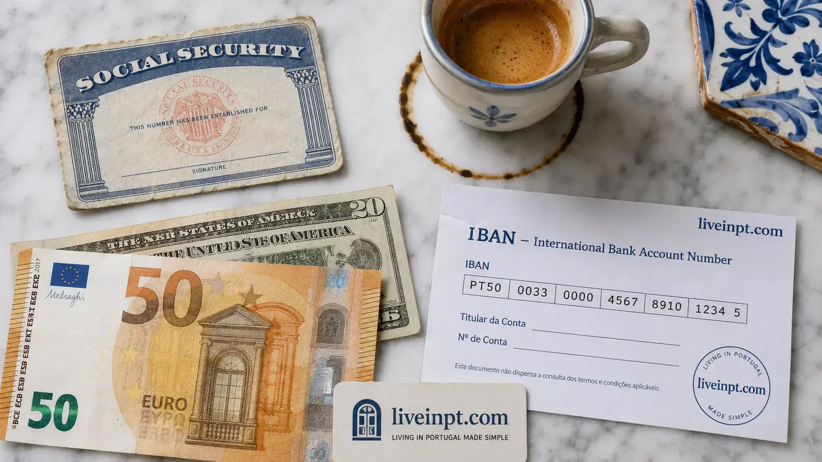 US Social Security card, US dollars, euro banknote, and Portuguese IBAN document